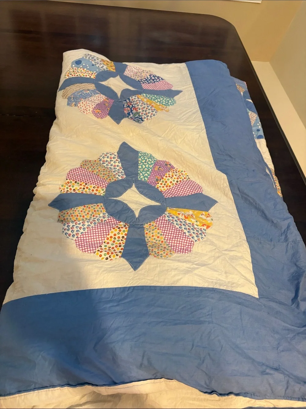 Handmade White and Blue Patchwork Quilt